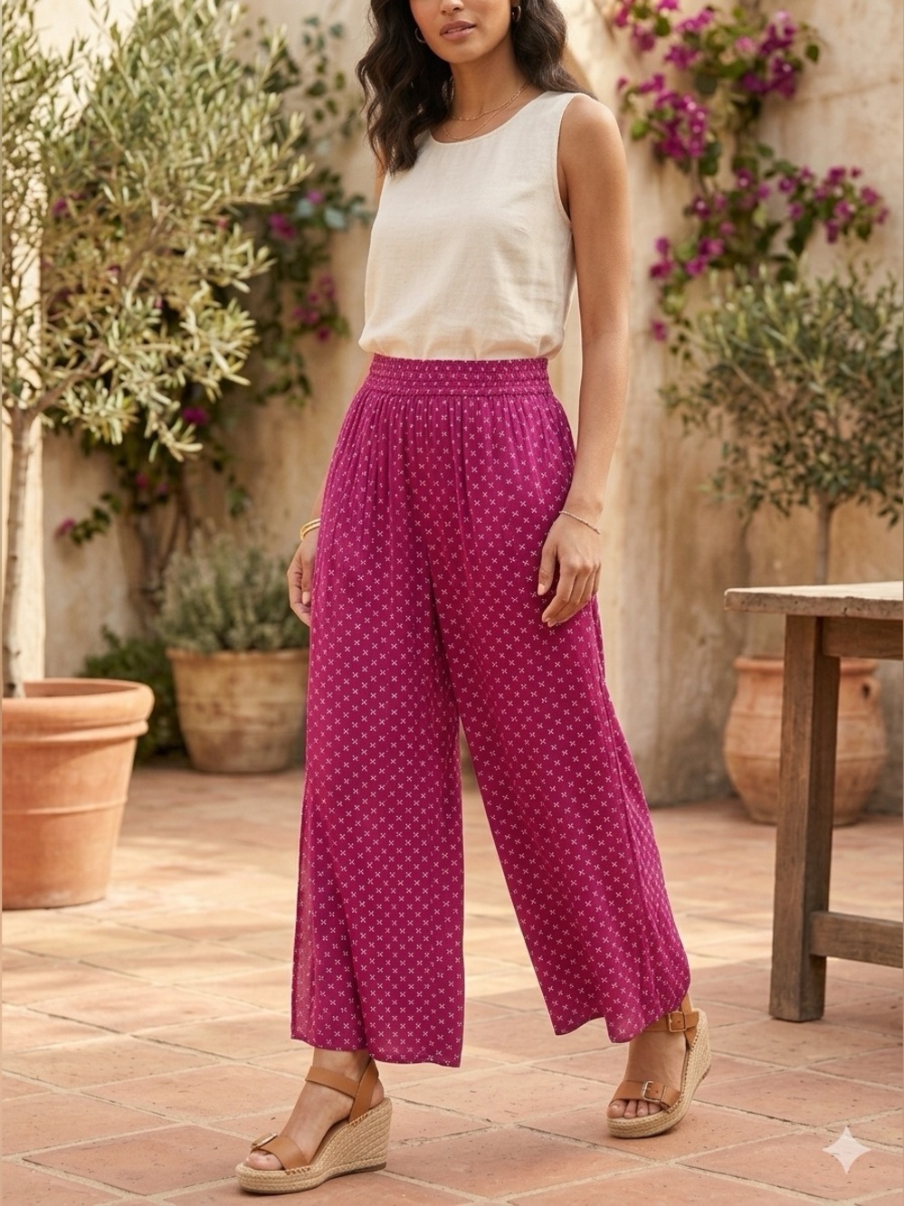 Raga Wide-Leg Smocked Waist Crop Pants in Magenta & white design size XS